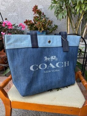 Coach Two-Tone Denim Tote in Light and Dark Blue